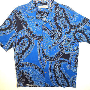 Island Republic Silk Hawaiian Shirt Sz L Blue Paisley Bandana